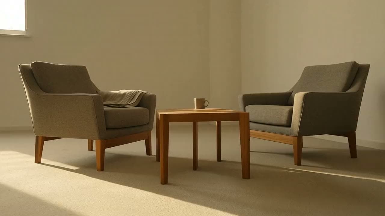 Two armchairs facing each other across a low table in a warm room.