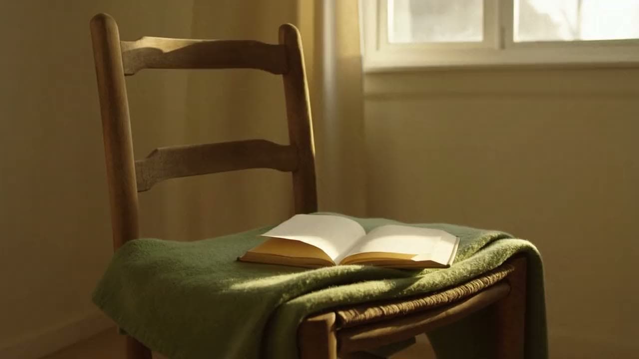 An open book resting on a green throw over a wooden chair by a sunny window.